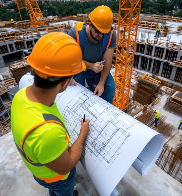 Kỹ thuật viên xem bản vẽ tại công trường